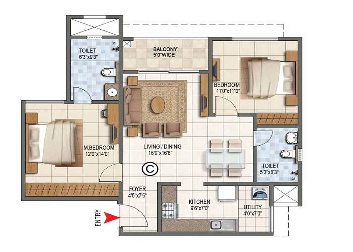 Prestige Spencer Heights 3 BHK Floor Plan